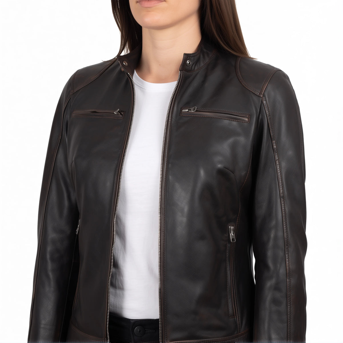 Juliette Women’s Rub Off Brown Cafe Racer Style Biker Leather Jacket