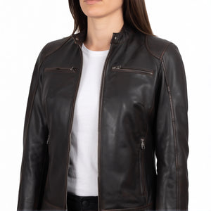 Juliette Women’s Rub Off Brown Cafe Racer Style Biker Leather Jacket
