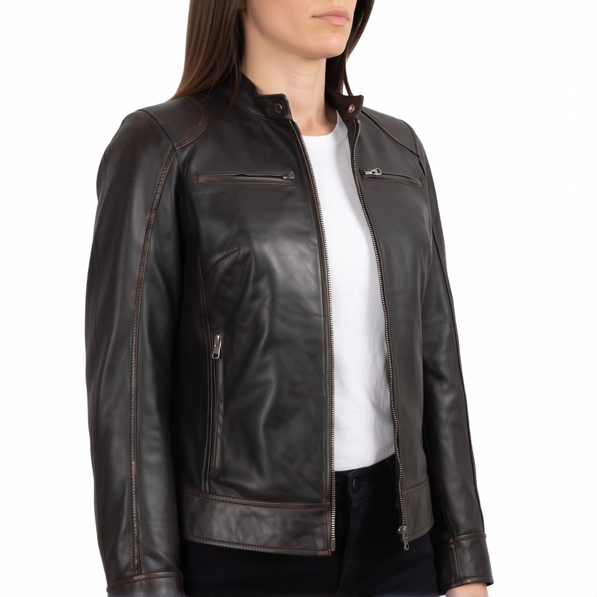 Juliette Women’s Rub Off Brown Cafe Racer Style Biker Leather Jacket
