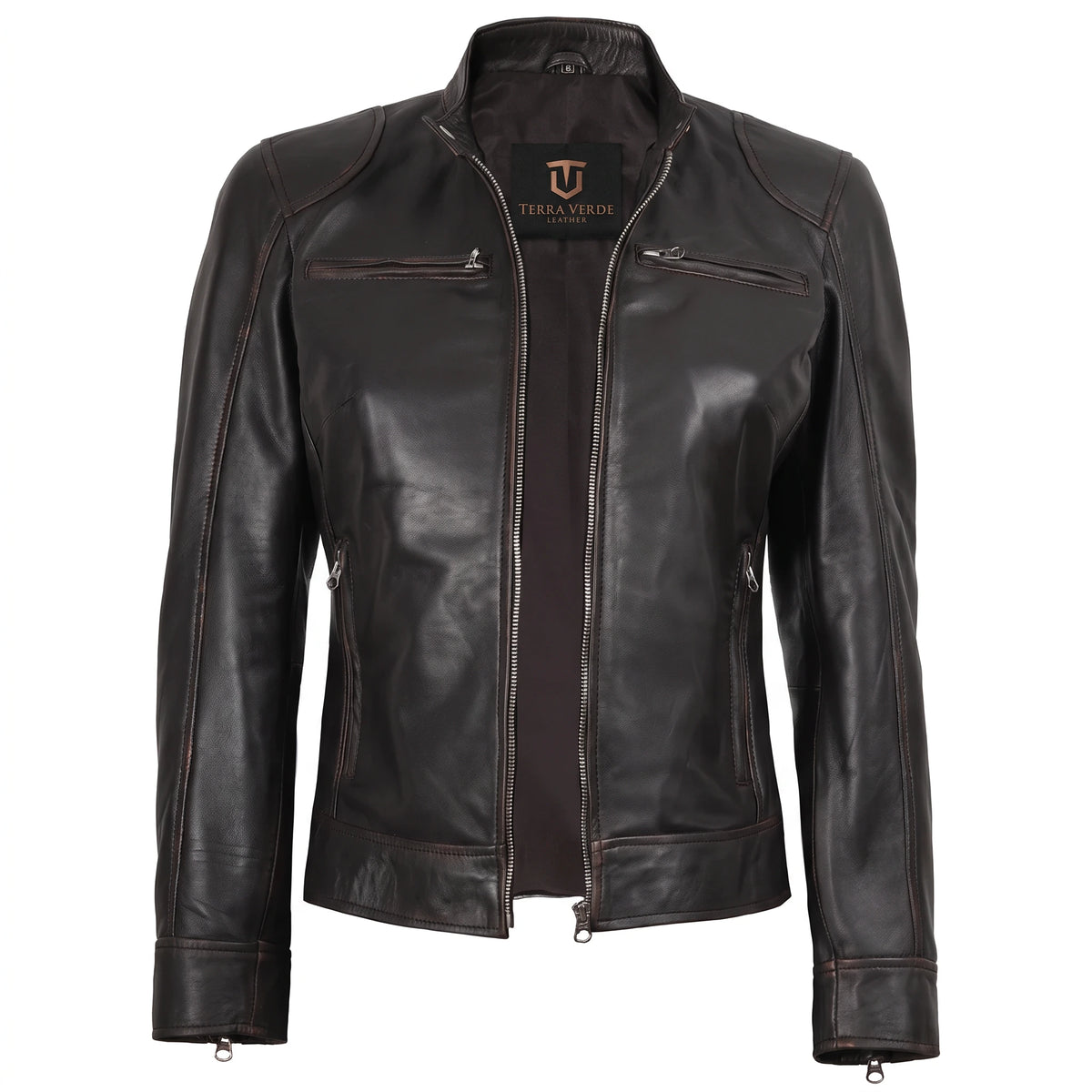 Juliette Women’s Rub Off Brown Cafe Racer Style Biker Leather Jacket