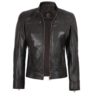 Juliette Women’s Rub Off Brown Cafe Racer Style Biker Leather Jacket