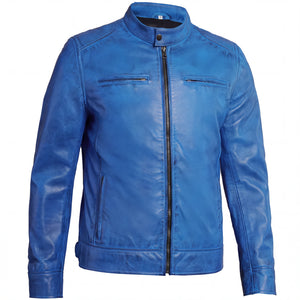 Azure Outlaw Men’s Distressed Blue Leather Café Racer Jacket