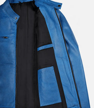 Azure Outlaw Men’s Distressed Blue Leather Café Racer Jacket
