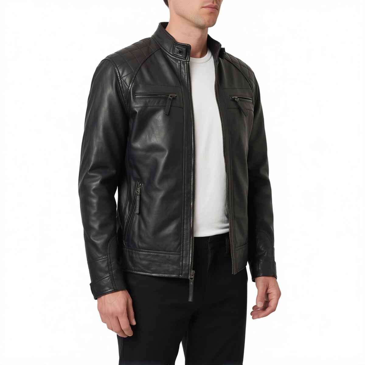 Onyx Viper Men’s Black Quilted Cafe Racer Style Leather Biker Jacket