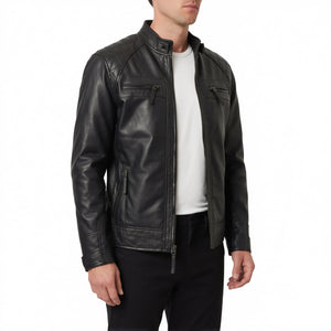 Onyx Viper Men’s Black Quilted Cafe Racer Style Leather Biker Jacket