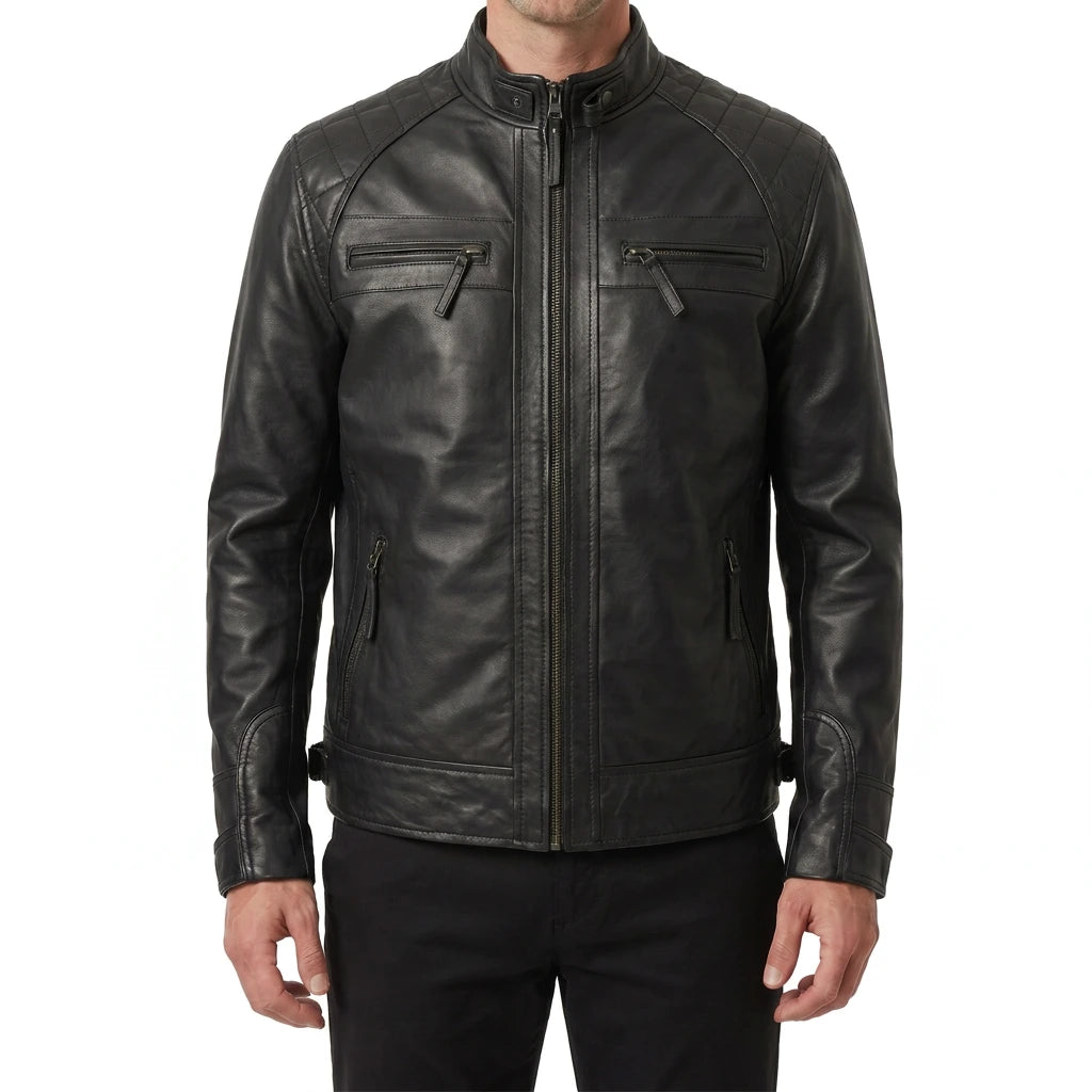 Onyx Viper Men’s Black Quilted Cafe Racer Style Leather Biker Jacket