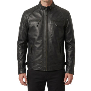 Onyx Viper Men’s Black Quilted Cafe Racer Style Leather Biker Jacket