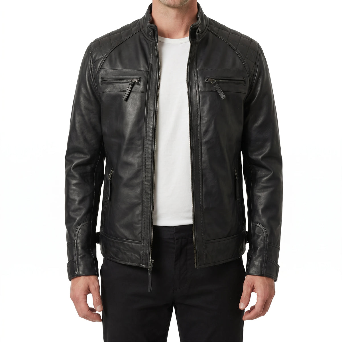 Onyx Viper Men’s Black Quilted Cafe Racer Style Leather Biker Jacket