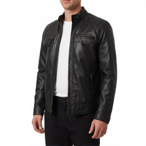 Onyx Viper Men’s Black Quilted Cafe Racer Style Leather Biker Jacket