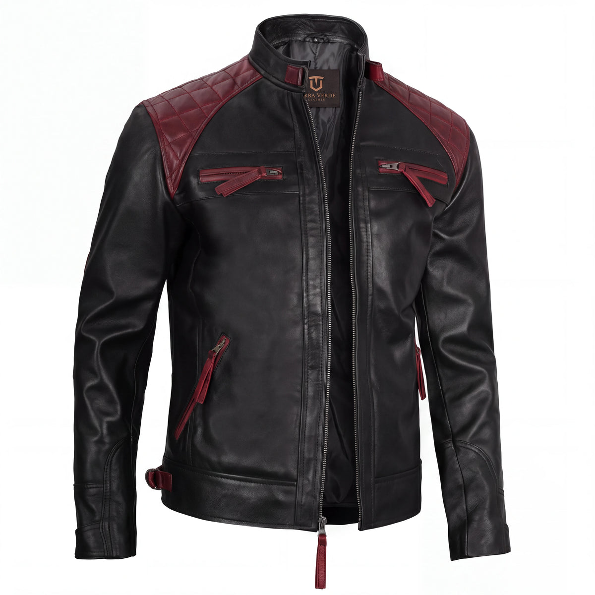 Oxblood Viper Men’s Black and Maroon Leather Biker Jacket
