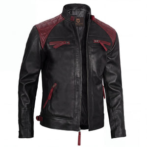 Oxblood Viper Men’s Black and Maroon Leather Biker Jacket