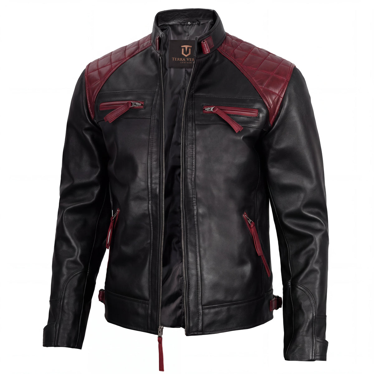 Oxblood Viper Men’s Black and Maroon Leather Biker Jacket
