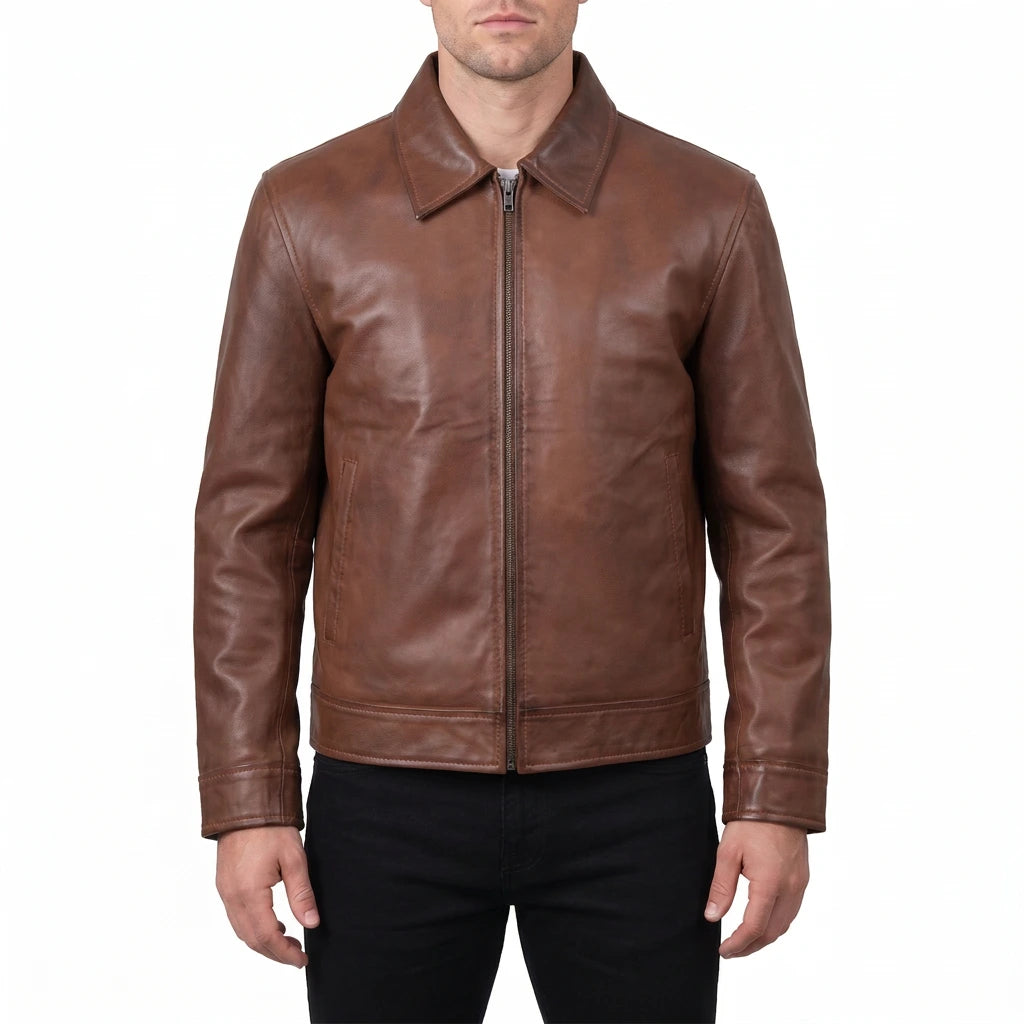 Pierce Men’s Cognac Brown Harrington Leather Jacket