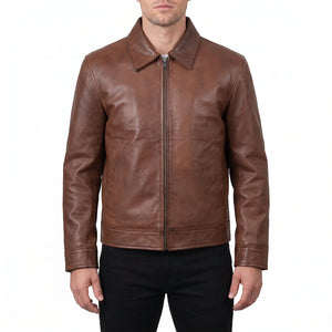 Pierce Men’s Cognac Brown Harrington Leather Jacket