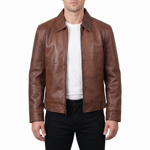 Pierce Men’s Cognac Brown Harrington Leather Jacket