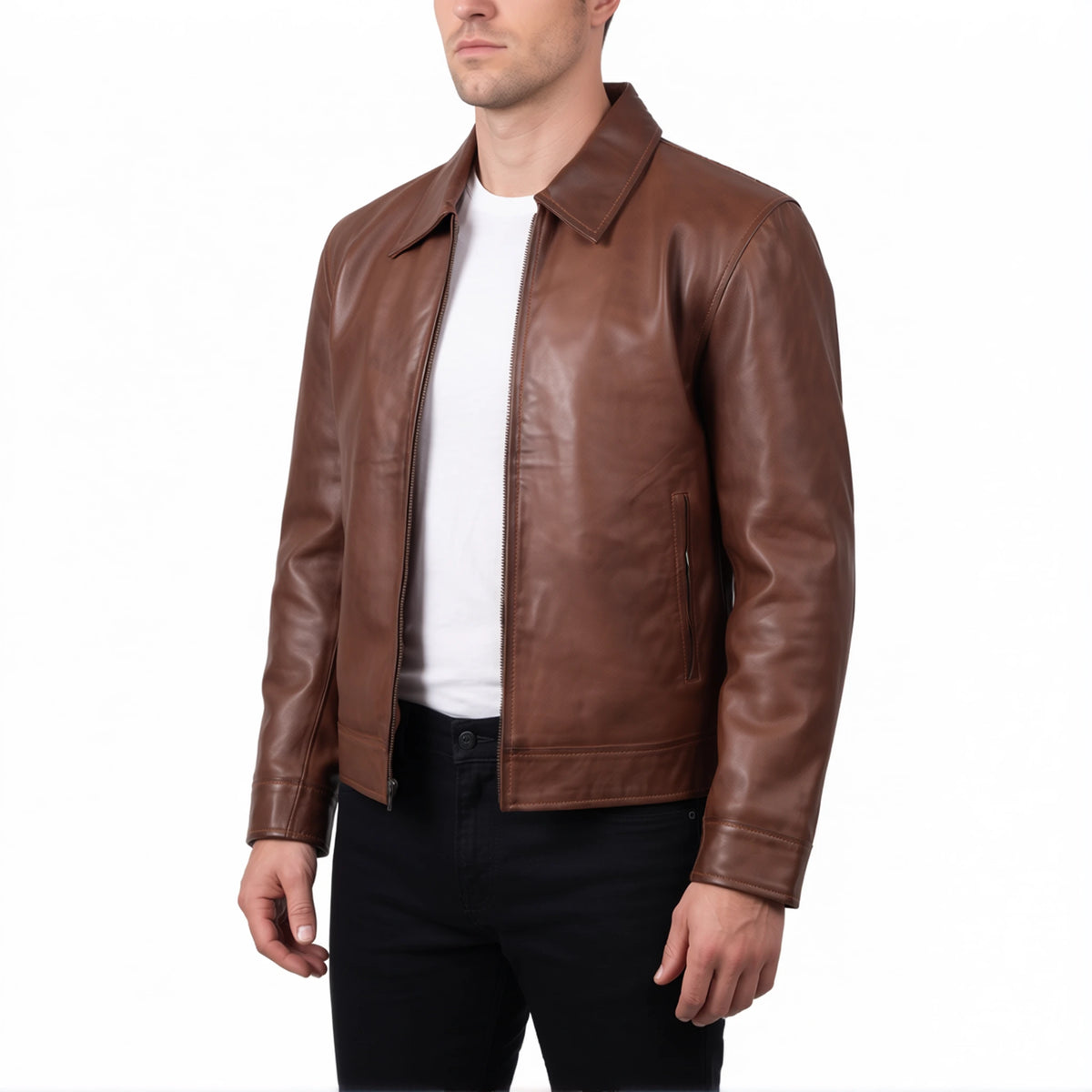 Pierce Men’s Cognac Brown Harrington Leather Jacket