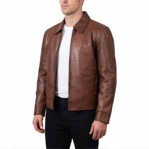 Pierce Men’s Cognac Brown Harrington Leather Jacket