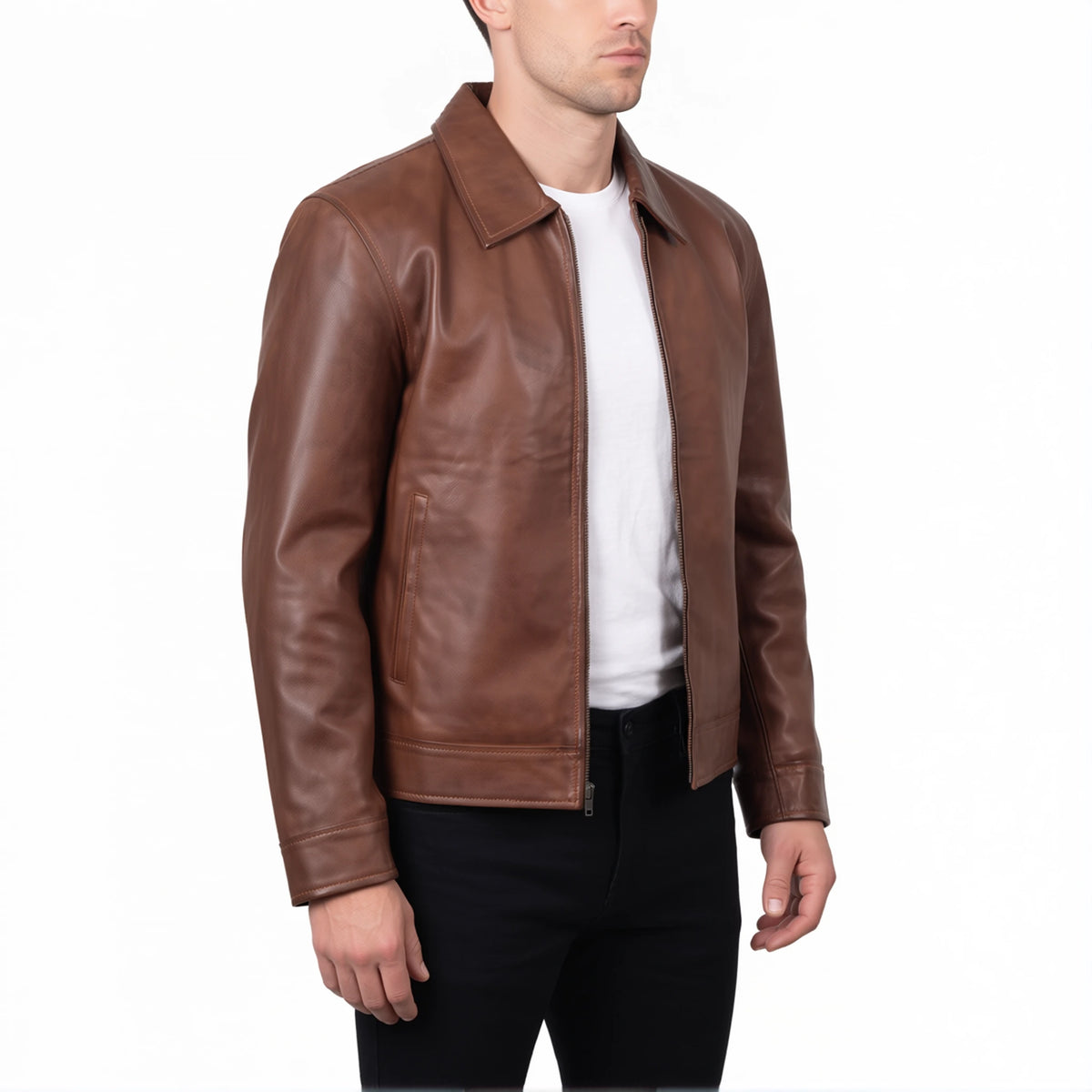Pierce Men’s Cognac Brown Harrington Leather Jacket