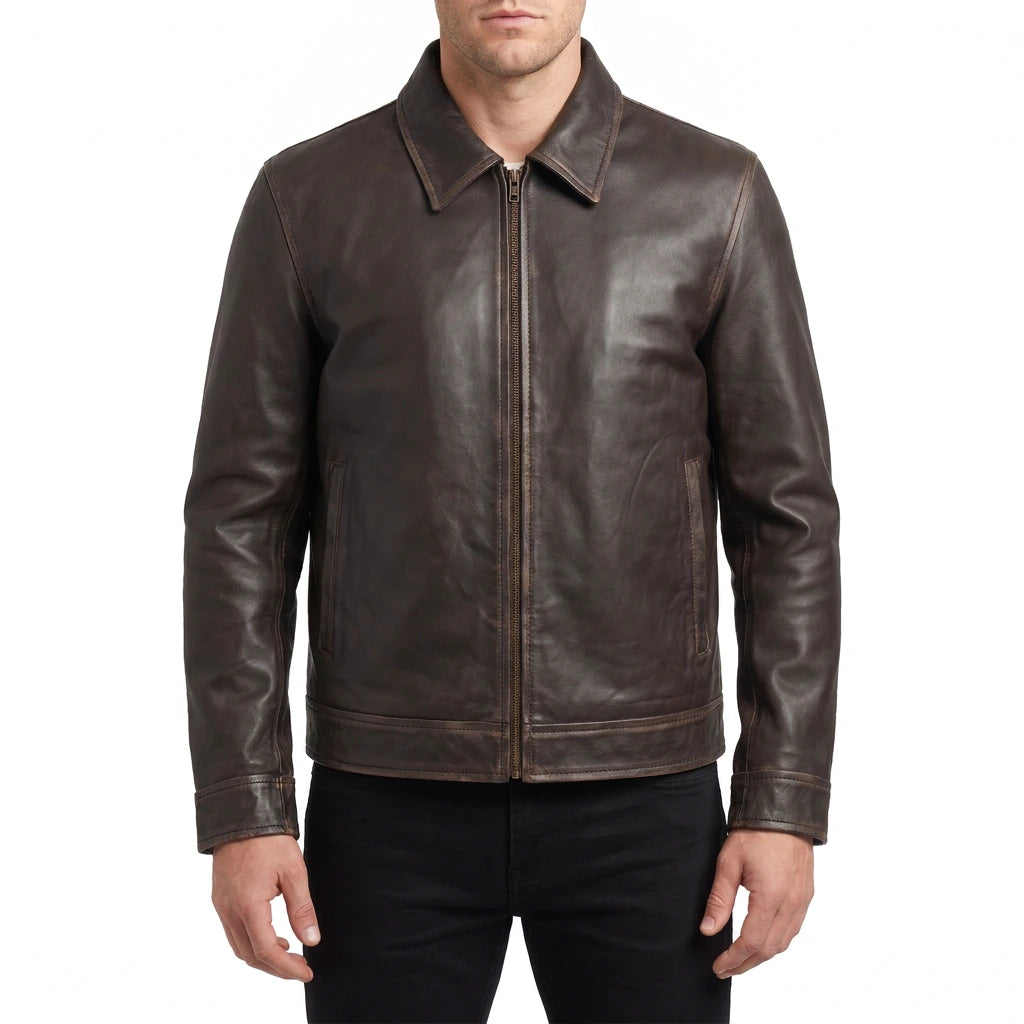 Pierce Men’s Rub-Off Brown Harrington Leather Jacket