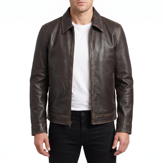 Pierce Men’s Rub-Off Brown Harrington Leather Jacket