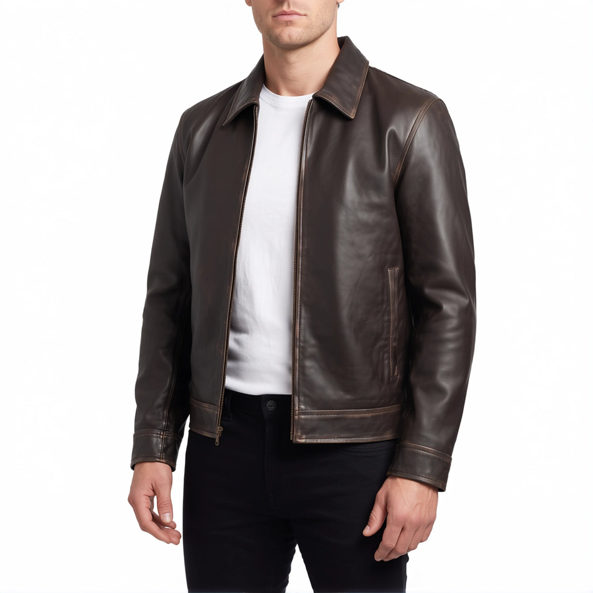 Pierce Men’s Rub-Off Brown Harrington Leather Jacket