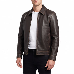 Pierce Men’s Rub-Off Brown Harrington Leather Jacket