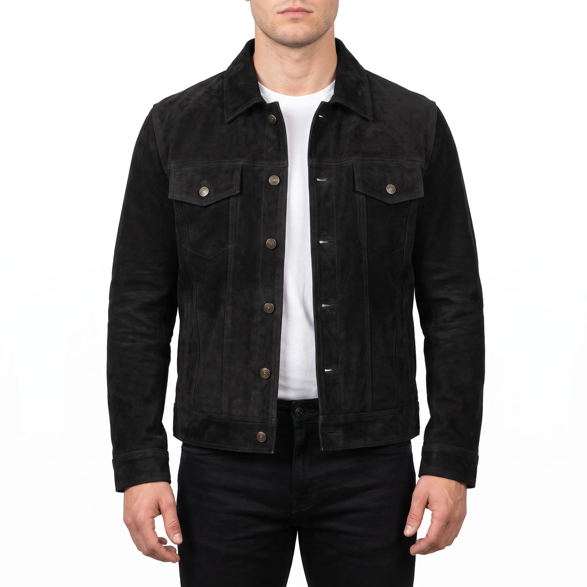 Reid Men’s Black Suede Leather Trucker Jacket