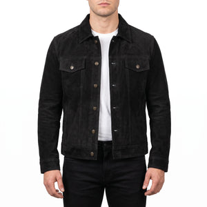 Reid Men’s Black Suede Leather Trucker Jacket