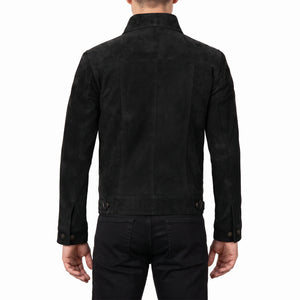 Reid Men’s Black Suede Leather Trucker Jacket