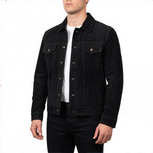 Reid Men’s Black Suede Leather Trucker Jacket