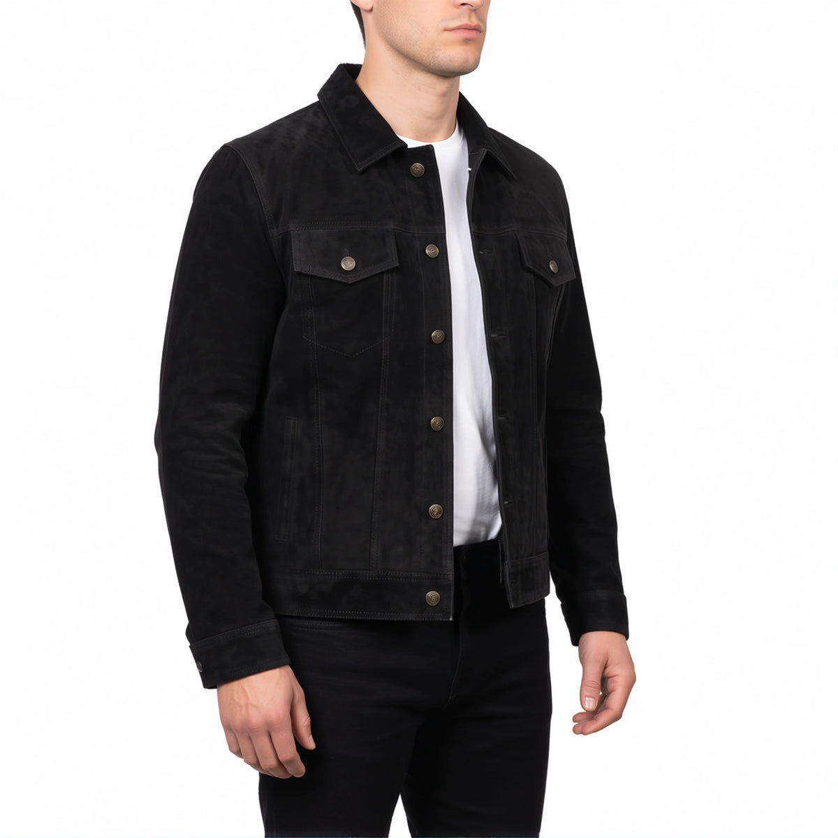 Reid Men’s Black Suede Leather Trucker Jacket