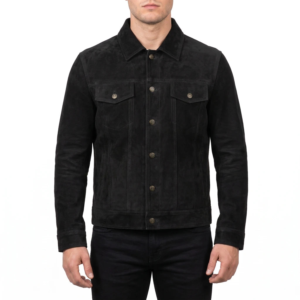 Reid Men’s Black Suede Leather Trucker Jacket