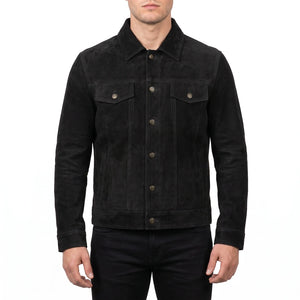 Reid Men’s Black Suede Leather Trucker Jacket