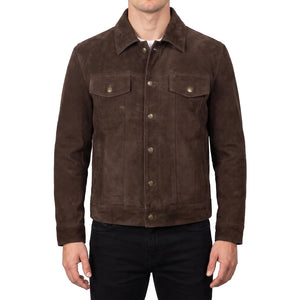 Reid Men’s Dark Brown Suede Leather Trucker Jacket