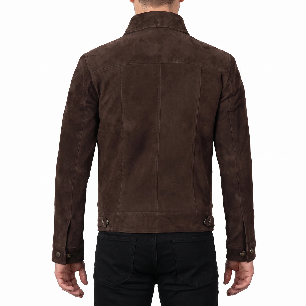 Reid Men’s Dark Brown Suede Leather Trucker Jacket