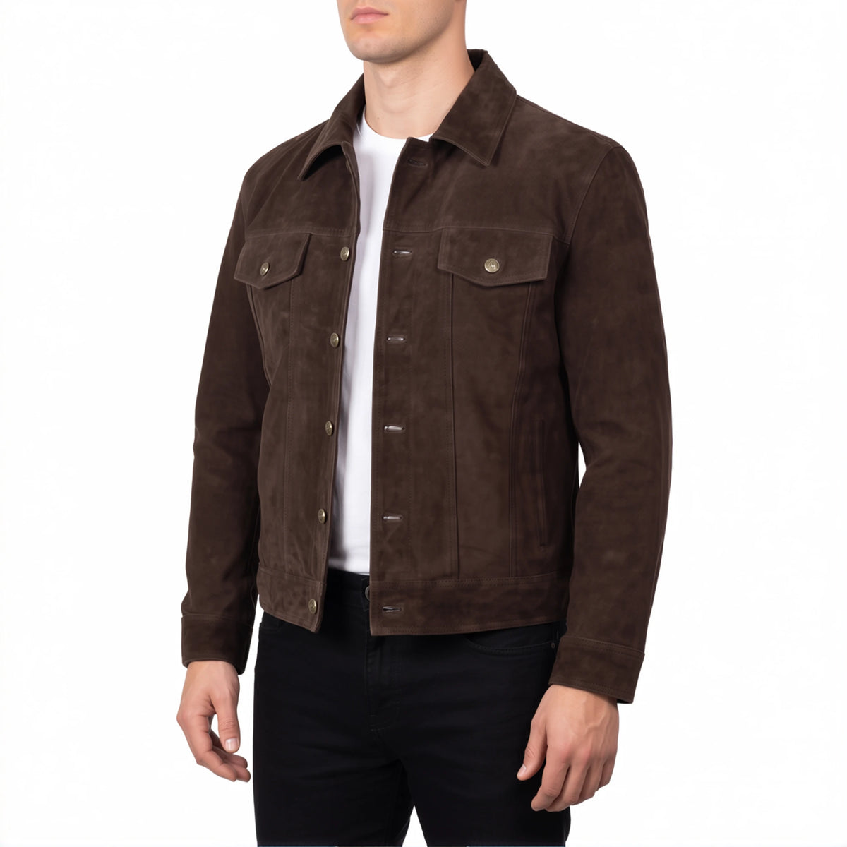 Reid Men’s Dark Brown Suede Leather Trucker Jacket