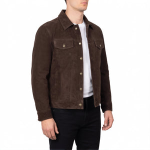 Reid Men’s Dark Brown Suede Leather Trucker Jacket