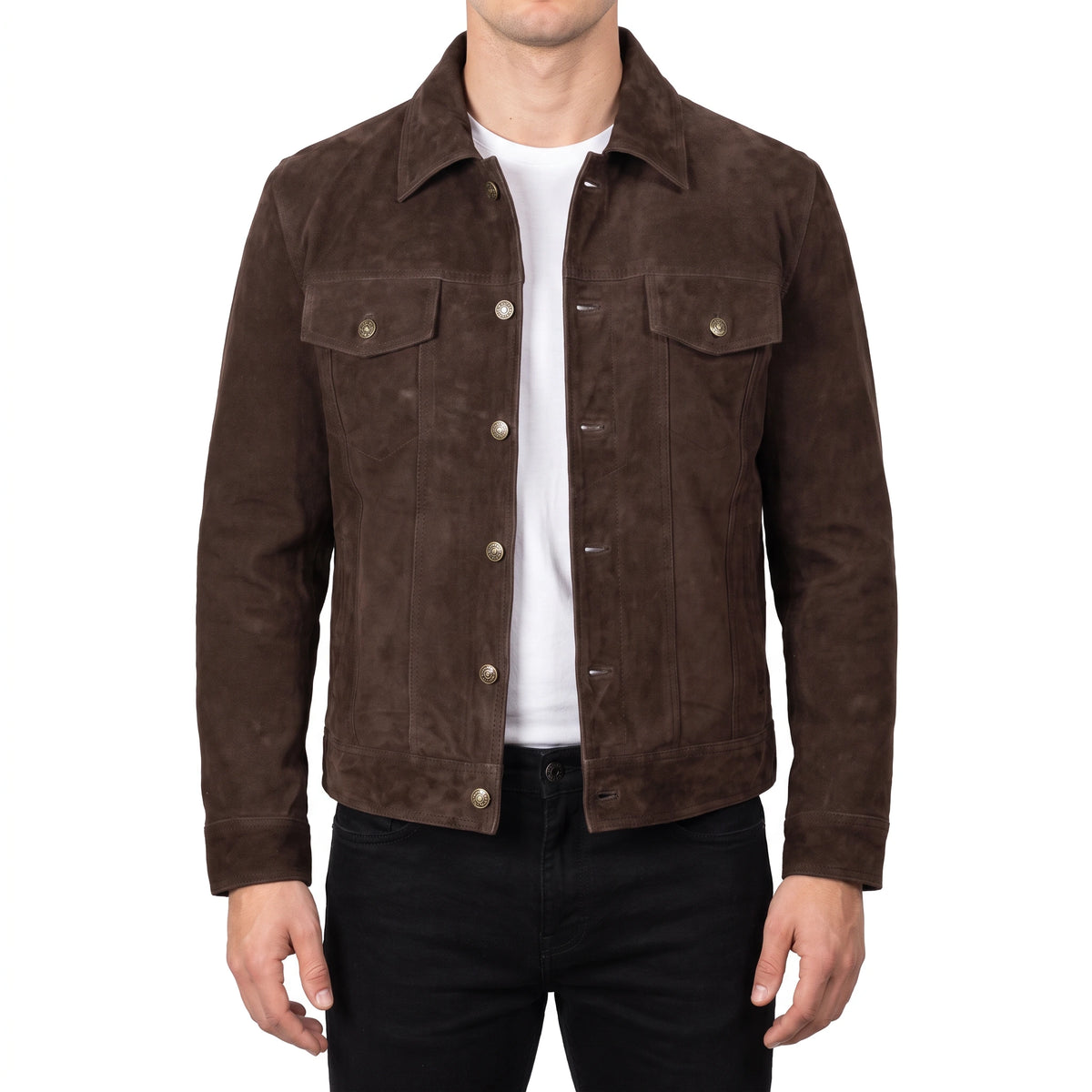 Reid Men’s Dark Brown Suede Leather Trucker Jacket