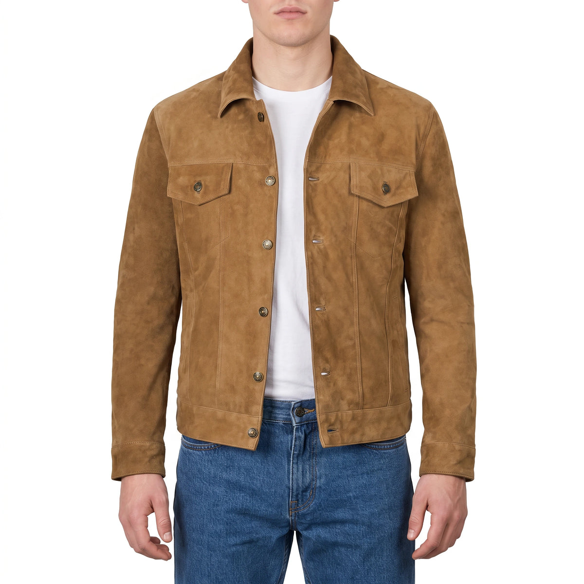 Reid Men’s Light Brown Suede Leather Trucker Jacket