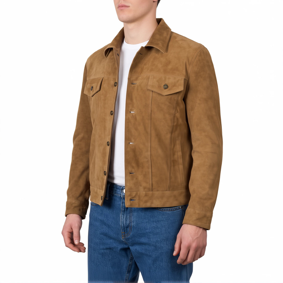 Reid Men’s Light Brown Suede Leather Trucker Jacket