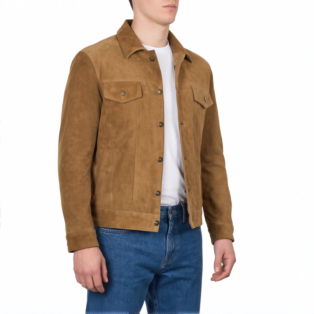 Reid Men’s Light Brown Suede Leather Trucker Jacket