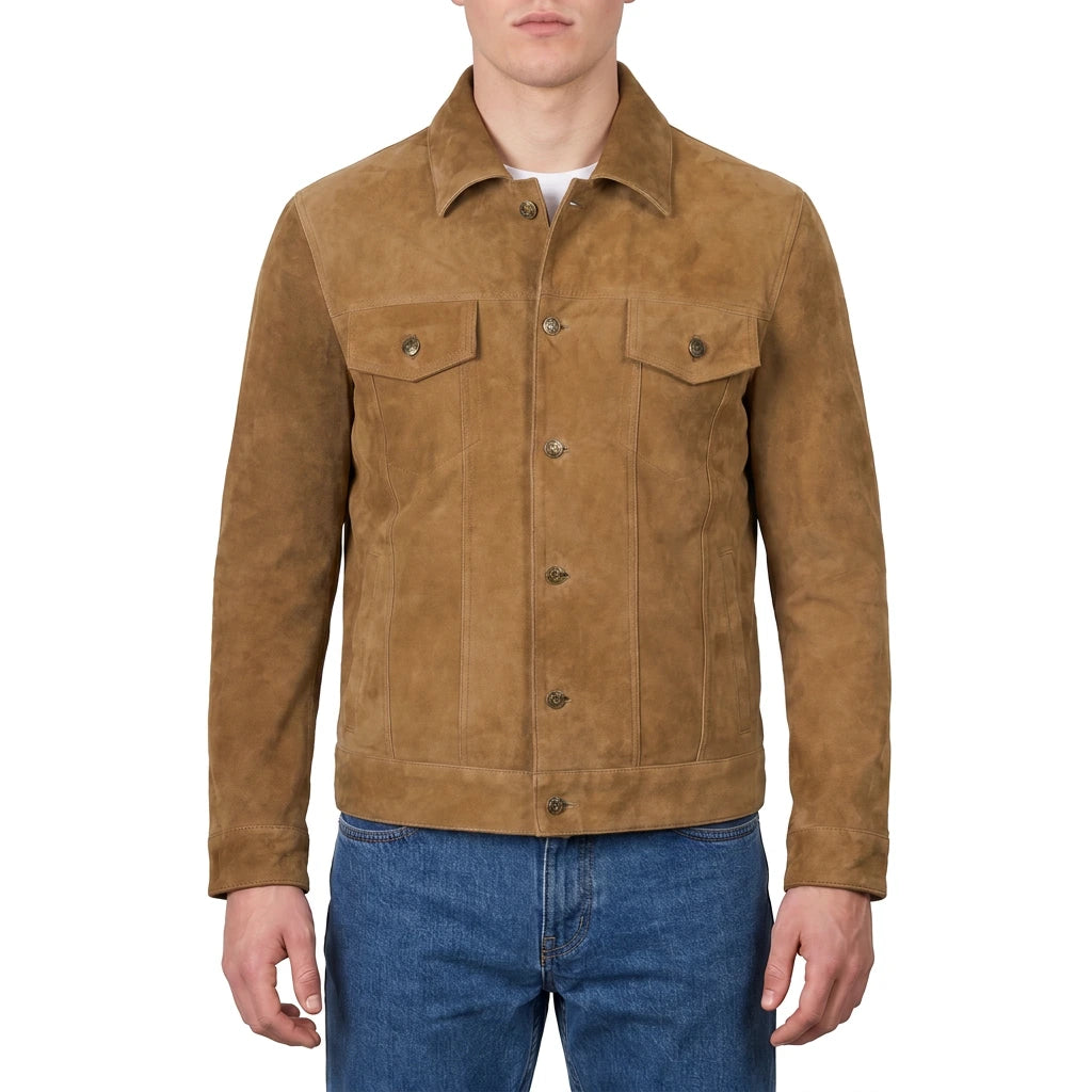 Reid Men’s Light Brown Suede Leather Trucker Jacket