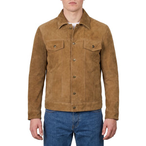 Reid Men’s Light Brown Suede Leather Trucker Jacket