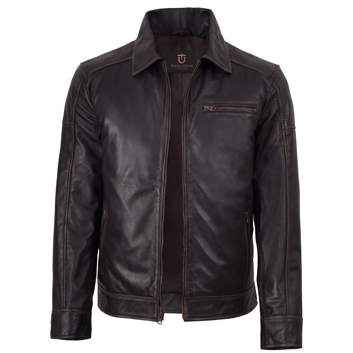 Sable Frontier Men’s Distressed Brown Leather Harrington Jacket
