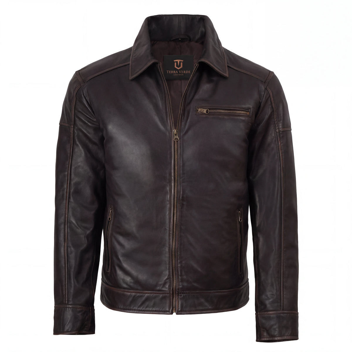 Sable Frontier Men’s Distressed Brown Leather Harrington Jacket