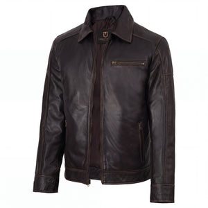 Sable Frontier Men’s Distressed Brown Leather Harrington Jacket