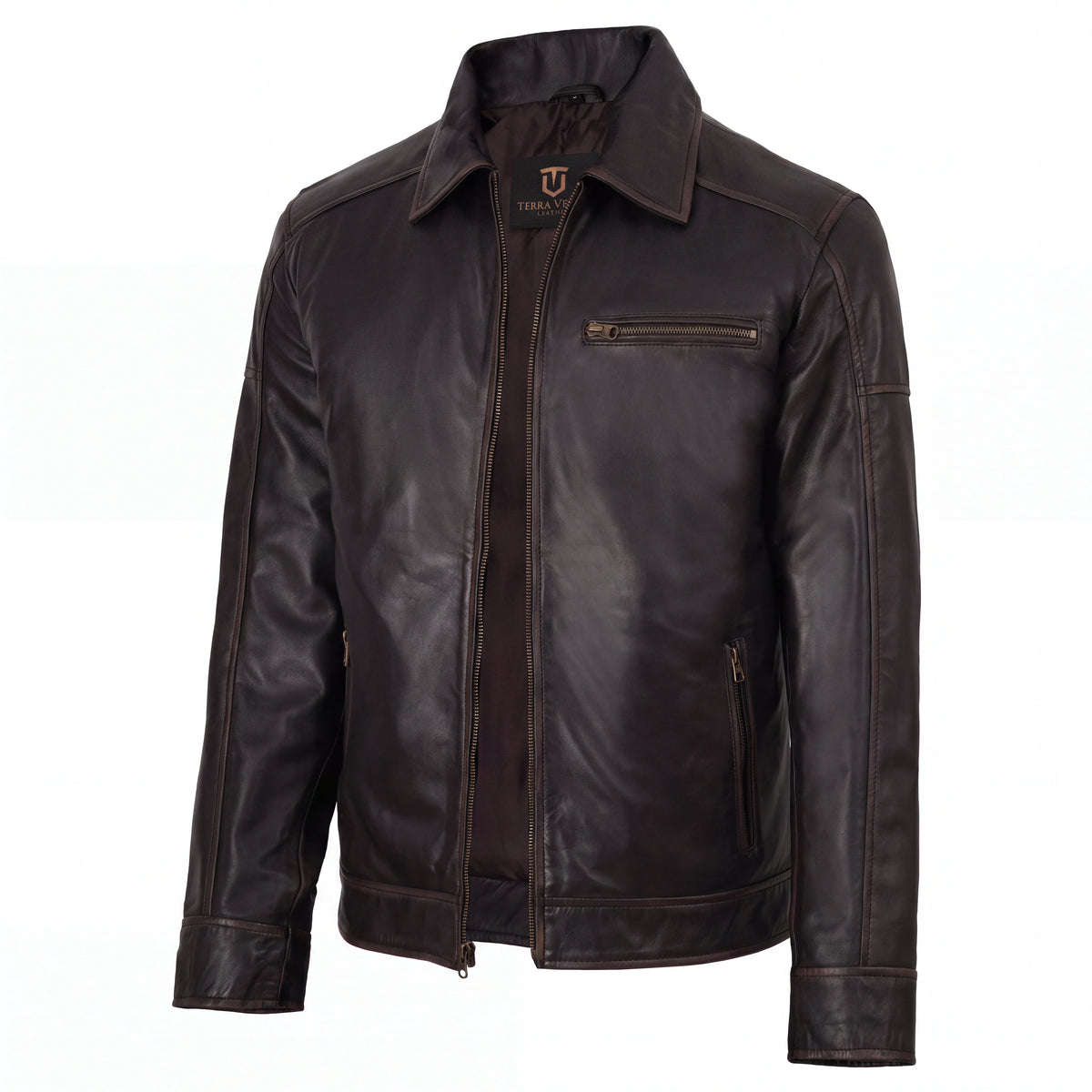 Sable Frontier Men’s Distressed Brown Leather Harrington Jacket