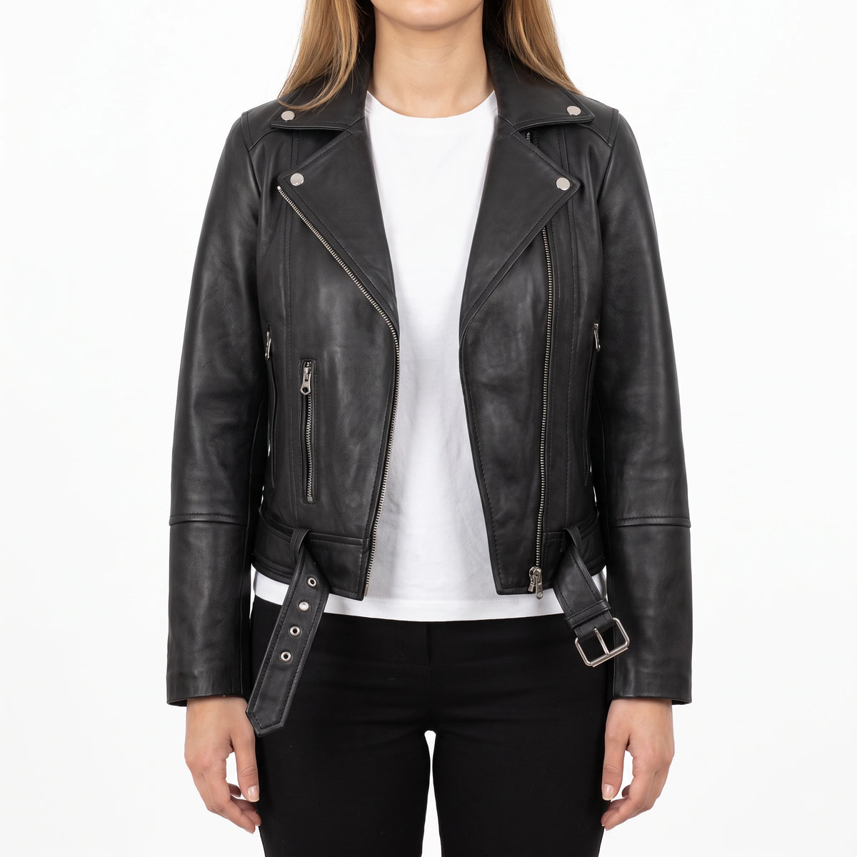 Valentina Women’s Black Belted Leather Biker Jacket
