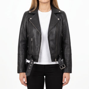 Valentina Women’s Black Belted Leather Biker Jacket