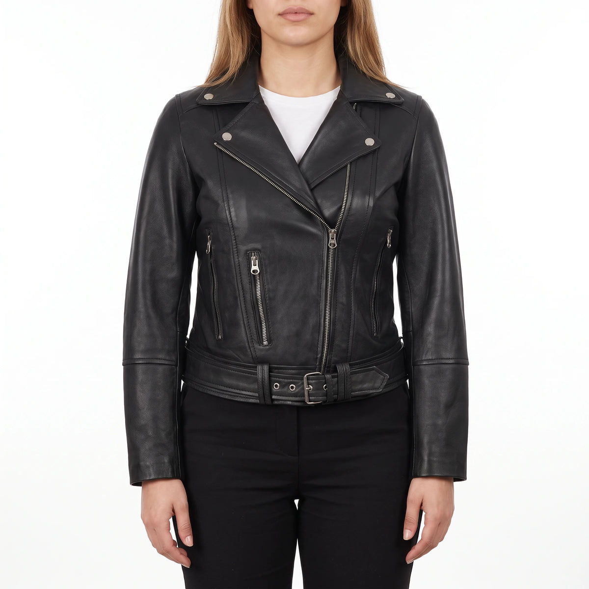 Valentina Women’s Black Belted Leather Biker Jacket